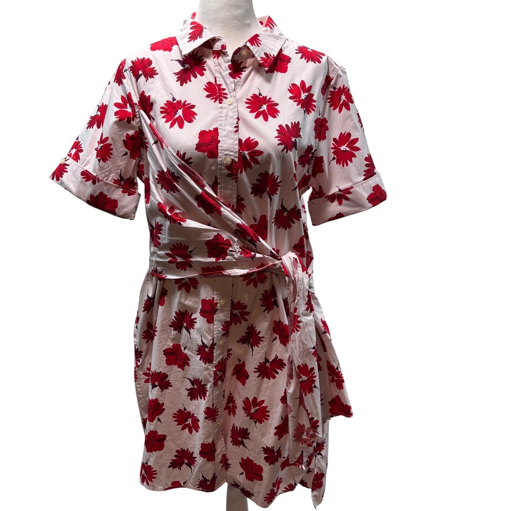 NWT Free Assembly Red Floral Tie Waist Shirt Dress Short Sleeve #926